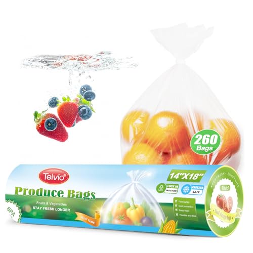 Teivio 260 Count 14 x 18 Plastic Produce Bags on A Roll Clear Kitchen Disposable Plastic Storage Bags for Bread Fruit Vegetable