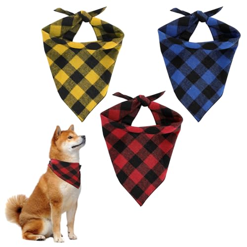 ElevateTech Dog Bandana 3Pcs Plaid Dog Bandanas Checkered Dogs Triangle Bibs Scarf Washable Cotton Pet Triangle Scarf Adjustable Neckerchief Pet Handkerchief Accessories for Large Medium Dogs Puppies