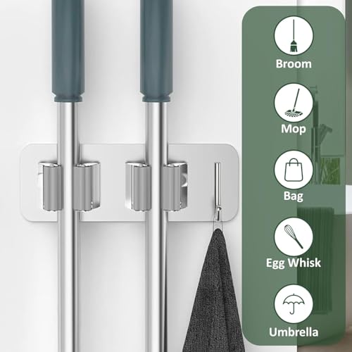 Image of JD FRESH 2 Slot & 1 Hook Stainless Steel Mop & Broom Holder Wall Mount /No Drill Sticky Anti Slip Waterproof Self Adhesive Broom Hanger Stand Organizer for Kitchen, Garden, Office, Garage (Silver)