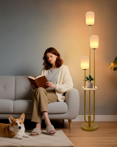 Image of Lightdot Dimmable Floor Lamp with Shelf Modern Gold Tall Floor Lamps with Oval Striped Lampshade for Wedding /Party 3000K Bulb Included 3-Lights Standing Lamp for Living Room /Sofa Beside /Corner Decor