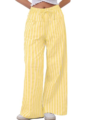 Image of MISSACTIVER Women Drawstring Striped Pants Loose Wide Leg Trousers Casual Low Waist Pants Comfy Lounge Pants with Pockets