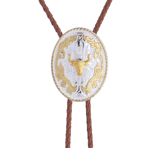 Image of GelConnie Brown Bolo Tie for Men Women Western Ties Mens Gold Bolo Tie Rodeo Cowboy Leather Necktie Cowgirl Tie Wedding