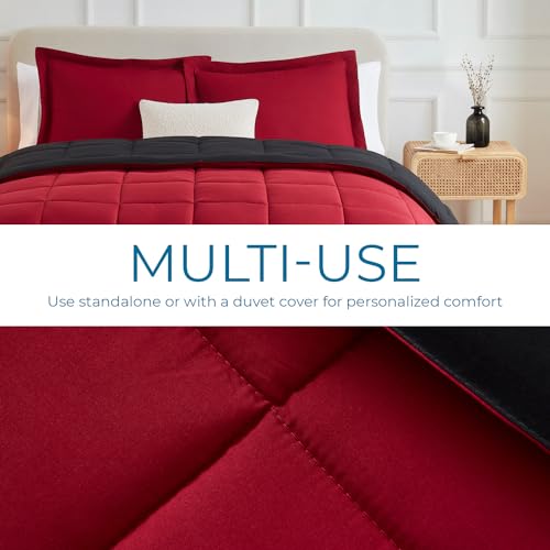 Image of Nestl 3 Piece Quilted Down Alternative Comforter California King Size with 2 Pillow Shams, Red /Black All Season Duvet Inserts Cal King Size Comforter with Corner Tabs
