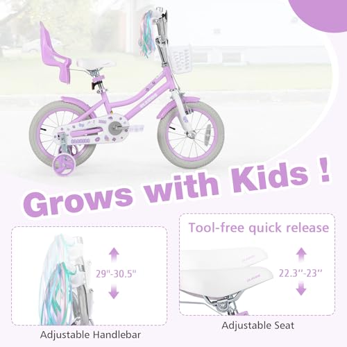 Image of Olakids Kids Bike, 12 14 16 18 20 Inch Girls Bicycle with Doll Seat Basket Adjustable Seat and Handlebar, Handbrake and Coaster Brake