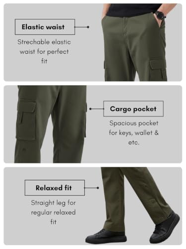 Image of Men's Cotton Cargo Pants | Stylish Elastic Drawstring Waist | Multi Pocket Tactical Pants | Casual Streetwear Utility Comfortable Regular Fit Outdoor Cargos