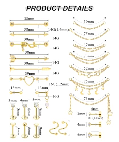 REVOLIA Surgical Steel Industrial Barbell Earrings with Chain for Women Dangle Cartilage Earring Studs Cartilage Helix Tragus Daith Industrial Piercing Jewelry Set4