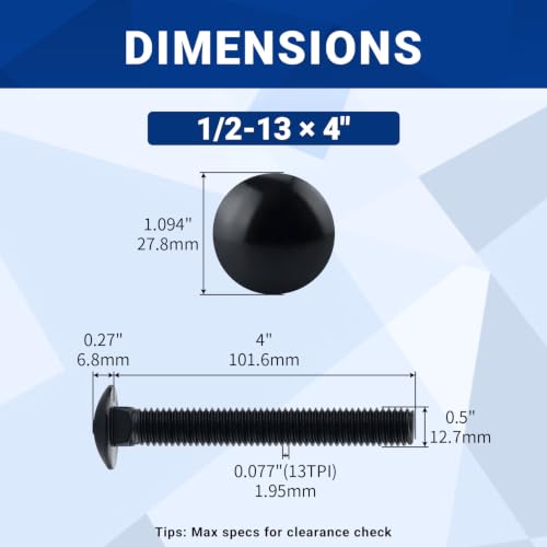 Image of 1 /2-13 x 4 Black Carriage Bolts with Nuts and Washers Kits (6 Sets), 304 Stainless Steel 18 /8, Black Finish, Round Head, Square Neck, Heavy Duty Bolts, Indoor Outdoor Fastening Bolts, Fayeploo