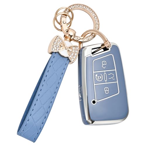JAMCARI Key Fob Cover for Volkswagen with Keychain Soft TPU Protection Car Key Case for VW Tiguan Atlas Taos SEL Jetta GLI Passat Arteon Golf Alltrack Remote Start Smart Key (Blue)
