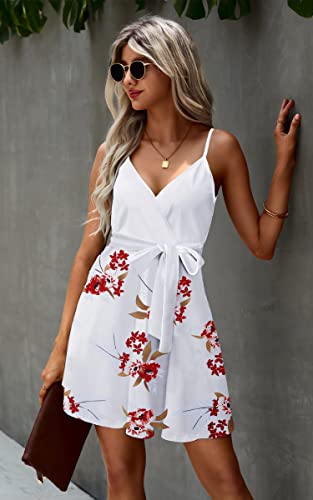 Image of ECOWISH Summer Dresses for Women 2026 V-Neck Spaghetti Strap Bowknot Backless Sleeveless Lace Mini Swing Skater Dress