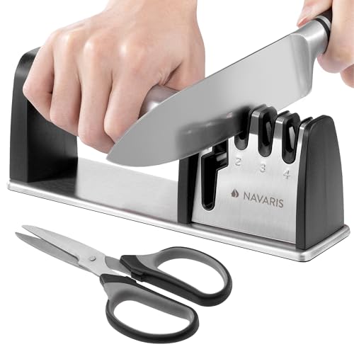 Navaris Afilador Cuchillos y Tijeras - Afilador de Cuchillos Profesional de Acero Inoxidable - Piedra de Afilar Cuchillos y Tijeras - Knife Sharpener Apto para Zurdos y Diestros