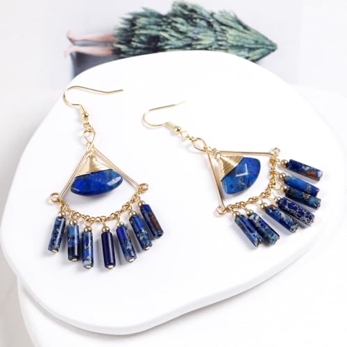 Lapis Lazuli Earrings - Bohemian Style Handmade Long Tassel Earrings - Emperor Stone Earrings For Women4