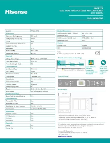Hisense 8,000 BTU Portable Air Conditioner with Dual Hose & Inverter, 350 Sq Ft, Wi-Fi, ConnectLife App Google and Alexa, 3 operating modes, Noise 42 dB(A) - HAP0824TWD (Renewed), White