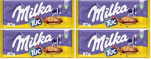Milka TUC Tableta de Chocolate con Leche de los Alpes Cubierta con Galletas TUC 87g (Paquete de 4)