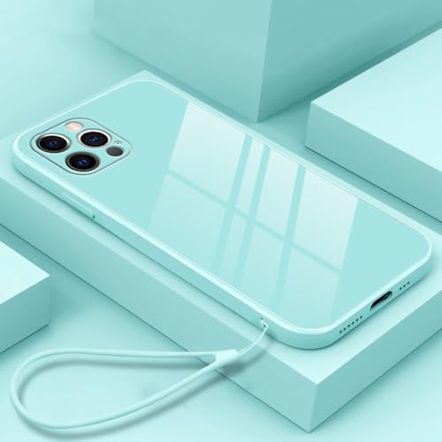 YVWUNH Funda Cuadrada de Lujo para teléfono de Vidrio Templado líquido para iPhone 15 14 13 12 11 Pro XS MAX XR SE X 8 7 Plus Funda Ultrafina con Correa Linda, Verde Claro, para iPhone 11Promax