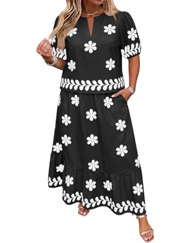 Beautife Womens Plus Size 2 Piece Skirt Sets Floral Puff Sleeve Tops A Line Maxi Dress Summer Matching Sets Vacation Outfits