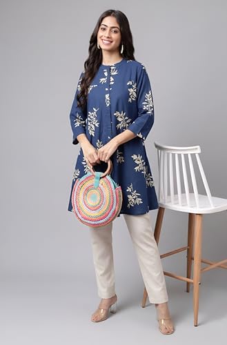Image of Janasya Women's Pure Cotton Floral Printed Flared Tunic