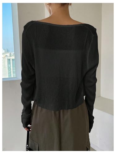 Floerns Women's Ribbed Knit Long Sleeve Button Front V Neck Cardigan Crop Top2