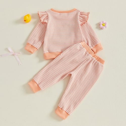 Toddler Baby Girl Clothes Goose Embroidery Sweatshirt Ruffle Long Sleeve Shirt Striped Pants 2 Piece Fall Outfit3