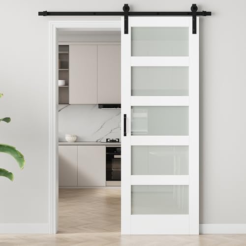 Image of 30 inchx84 inch Frosted Glass Barn Door with 6FT Sliding Hardware & Handle, White | Pre-Drill Holes Barn door for Easy Assembly, Solid Wood Sliding Barn Door with Excellent Privacy Protection & Sound Reduction