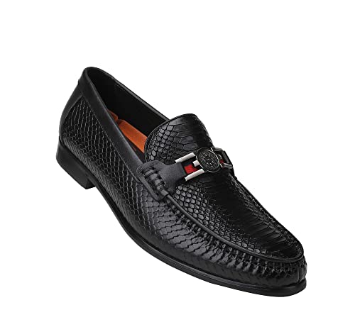 Mens Leather Dress Shoes, Premium Crocodile Print Moc-Toe Slip-on Loafer with Metal Buckle Penny Shoes for Mens