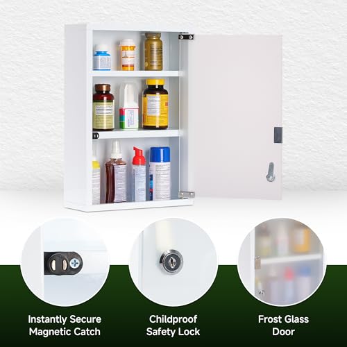 Mount Brook Locking Medicine Cabinet, First Aid Cabinet Wall Mount, 3-Shelf Modern Glass Door Medical Cabinet Organizer for Office and Home - Thumbnail 3