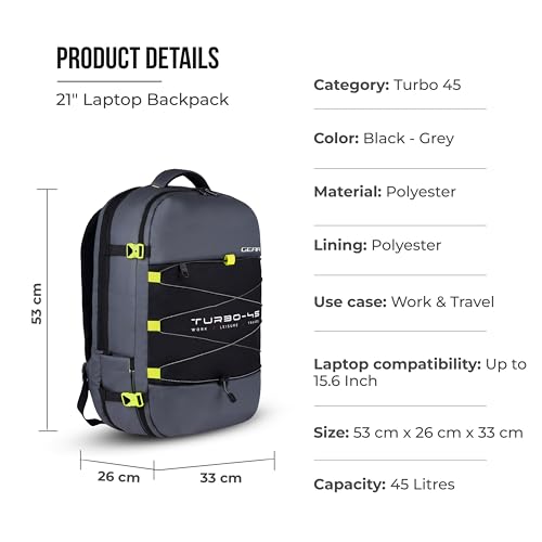 Image of Gear Turbo 21 inch /45L Large Water Resistant Anti theft Laptop Backpack with Raincover | Backpack | Daypack |Briefcase | Travel Bag For Men /Women (Black - Grey)