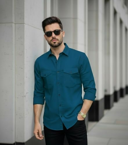 Image of DEELMO Men's Classic Cotton Blend Slim Fit Shirt || Full Sleeve Button-Down Casual Shirt with Dual Flap Pockets || Soft Breathable Fabric || Ideal for Office Party and Everyday Wear