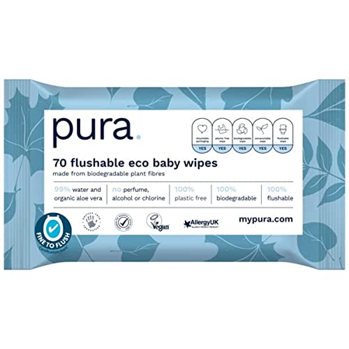 Pura Toallitas para bebés Flushable, paquete de 70, 100% libre de plástico, biodegradable, compostable y vegano y libre de crueldad animal 99% de agua, Desechable