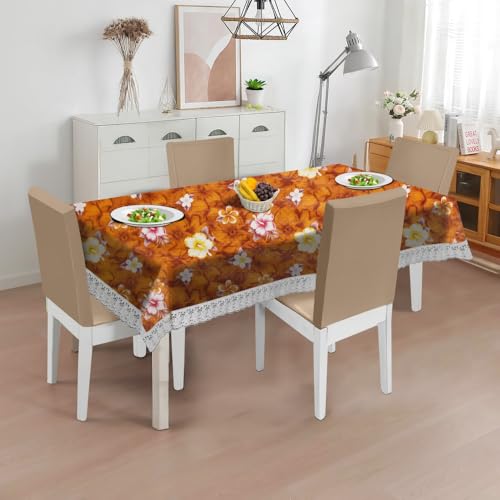 Image of The Furnishing Tree Waterproof PVC Rectangle Shaped 12 Seater Table Cover WxL 60x140 inches Floral Pattern Orange with White Border lace