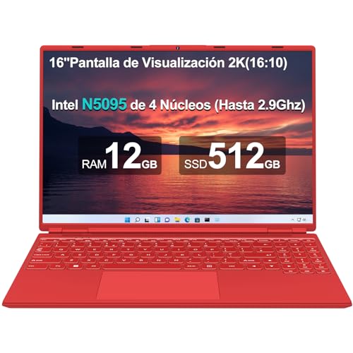 AOCWEI Ordenador Portátil 16 Pulgadas Intel N5095 Up to 2.9Ghz, Portátil Win 11 con 5G WiFi 12+512GB SSD Expansión 1TB Bluetooth 4.2 Ventilador Refrigeración 1920 * 1200 2K Pantalla-Rojo