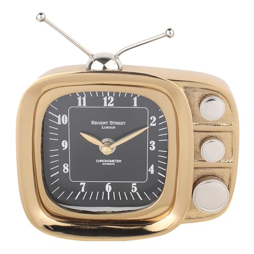 Image of Decor de Maison Brings Handcrafted Retro Tv Timepiece Table Clock for KidsRoom, Living Room, Bedroom, Study Table|Classic Non-Ticking Tabletop Battery Operated Analog Desk Clock in Gold (17x4x17cm)