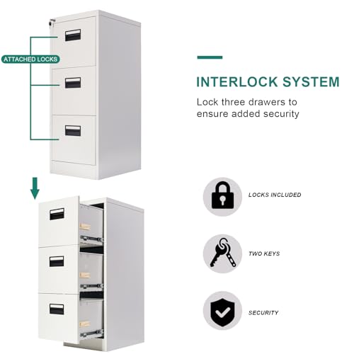 Frideko File Cabinets Lockable Cabinet 3 Drawers Filing Cabinets For Home Office, Office Cabinet with Lock Utility Storage Cupboard Locker (Light Grey)