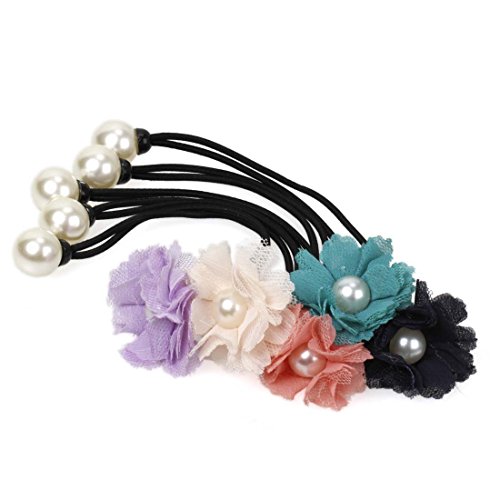 BMC 5pc Faux Pearl Center Tulle Fabric Flower Design Fashion Ponytail Hair Ties