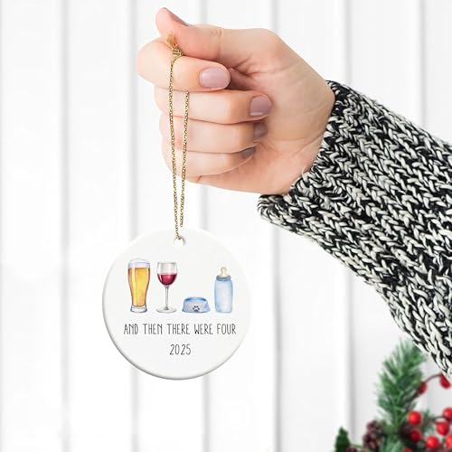Image of and Then There were Four Ornament, Family of Four with Dog Ornament 2025, First Time Parents, from Dog Parent to Baby Christmas Ceramic
