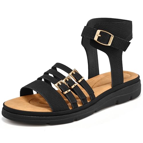 Larwen Dressy Womens Sandals Walking: Comfortable Breathable Insole Women Flat Sandal - Casual Adjustable Buckle Summer Outdoor Shoes