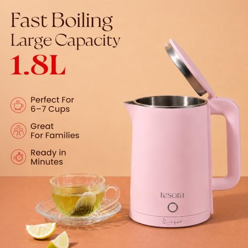 Image of Tesora by Cook with Parul Electric Kettle, 1.8L, 12 Recipes Book Included, 1500W, 100% Stainless Steel Inner Body, Auto Shut-Off, Boil-Dry & Overheat Protection, Cool Touch Double Wall (Pink)