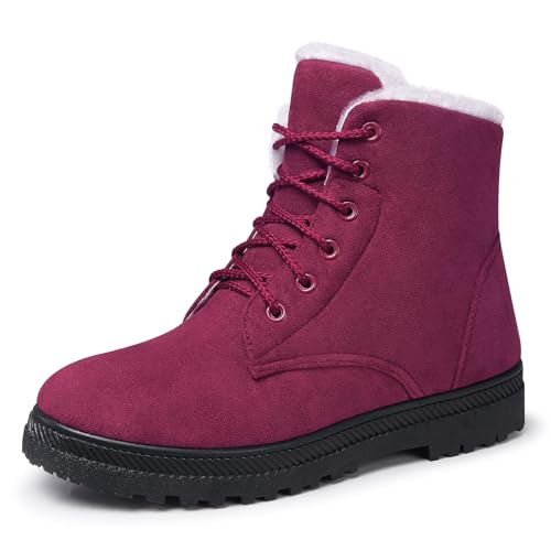 SHIBEVER Winter Snow Boots for Women: Burgundy Warm Fur Lined Ankle Boots Comfortable Suede Lace Up Booties Cute Flat Shoes Size 6