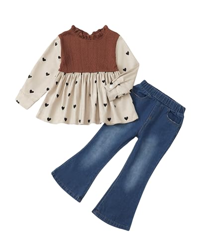 Image of SODLON Kids Toddler Girl Clothes Winter Outfits Shirt Top Bell Bottom Jeans Denim Pants Set Little Girl Fall Spring Clothing