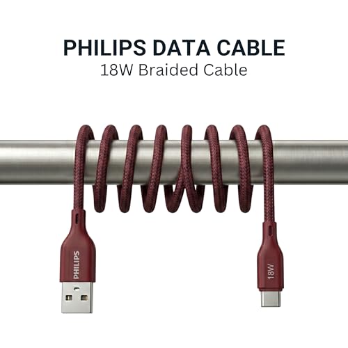 Image of PHILIPS DLC4160AI /94 18W Type-A to Type-C Fast Charging Cable (2m, Iron Red) | Nylon Braided | Compatible with iPhone 15+ Series, USB-C iPad Models, Samsung Galaxy & All Type C Devices