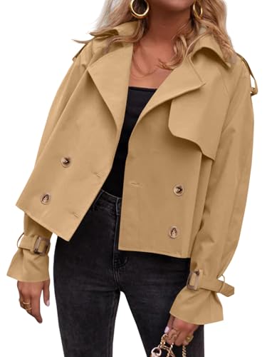Tankaneo Womens Cropped Trench Coat Oversized Double Breasted Lapel Long Sleeve Short Jacket Fashion Outerwear