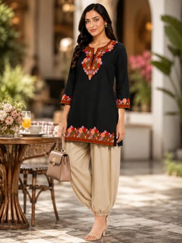 Image of HAUTEMODA Women Cotton Floral Embroidered Short Kurti, Tunic, Three-Fourth Sleeves, White