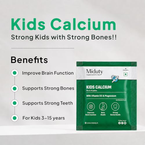 Image of Miduty Kids Calcium - Vitamin D3, K2 & Magnesium - Chewables - Strong Bones & Teeth - Mint-Flavored, Sugar-Free Calcium Supplement for Active & Picky Eaters - 4 Chewables
