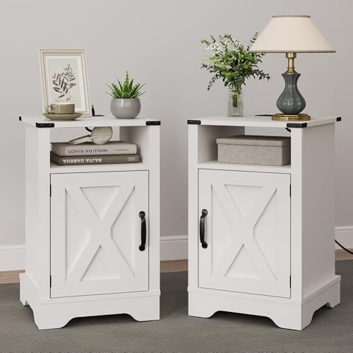 RoyalCraft Farmhouse Nightstand Set of 2, Tall Nightstand with Charging Station, Large End Table with Storage, White Wood Bedside Table for Bedroom, Home Office, White