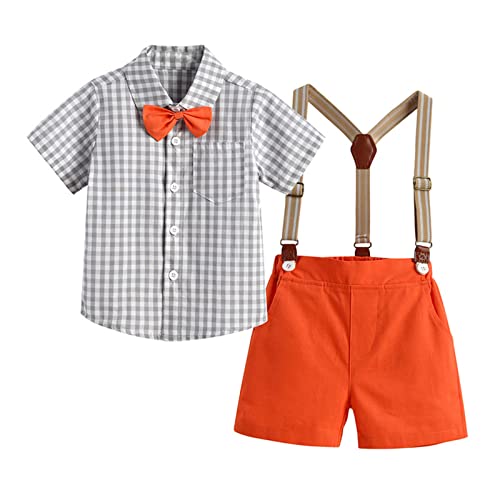 Image of Volunboy Baby Boy Formal Short Set Toddler Summer Gentleman Outfit Kid Short Sleeve Bowtie Shirt Suspender Shorts Suit