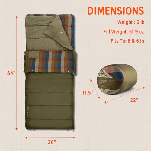 Image of Kelty Wayback Flannel Lined Sleeping Bag, Built in Blanket, Traditional Rectangle Shape, Organic Flannel Cotton Liner, Dual Locking Slide Zips