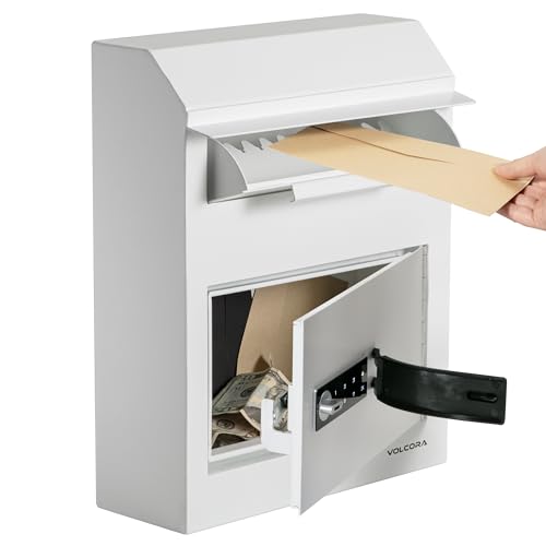Volcora Key Drop Box with Lock, Drop Slot Depository Safe Box Digital Keypad, Outdoor Waterproof Money Drop Safe for Business, Cash Drop Box, Wall Mount Mailbox, Electronic Programmable Lock, White