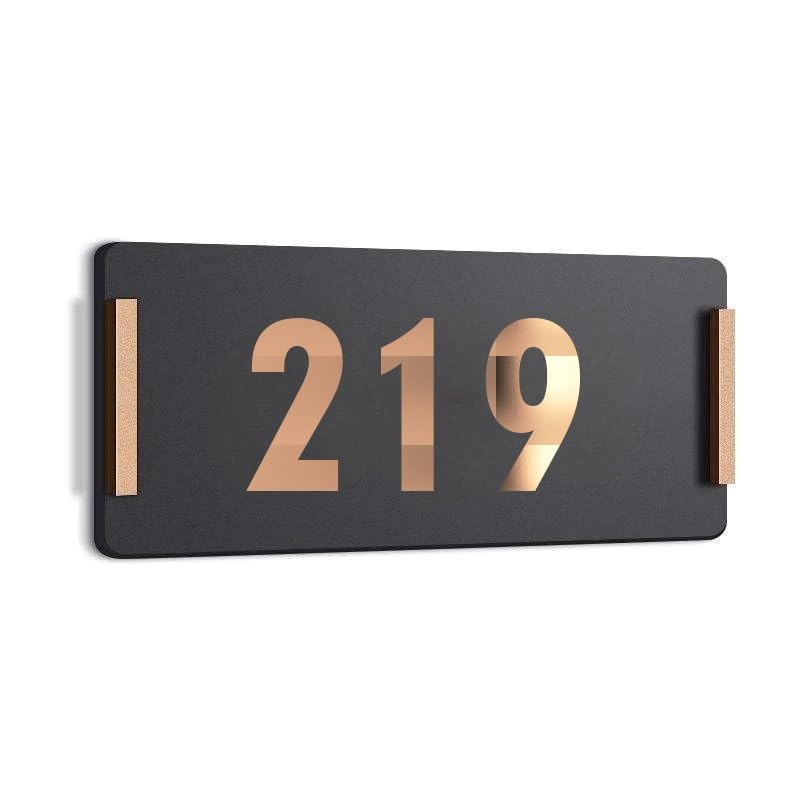 Image of HOTEL ROOM NUMBER PLATES - 219| Black acrylic board fixed mirror gold number | Easy installation type double sided tape fixed on backside