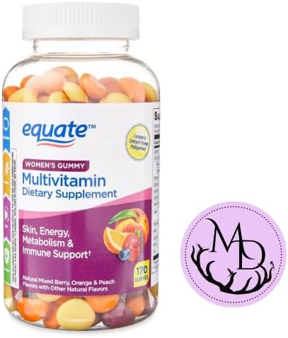 Equate Women's Multivitamin Gummies for Skin, Mixed Berry Orange and Peach, 170 Count + Dri Store Sticker.