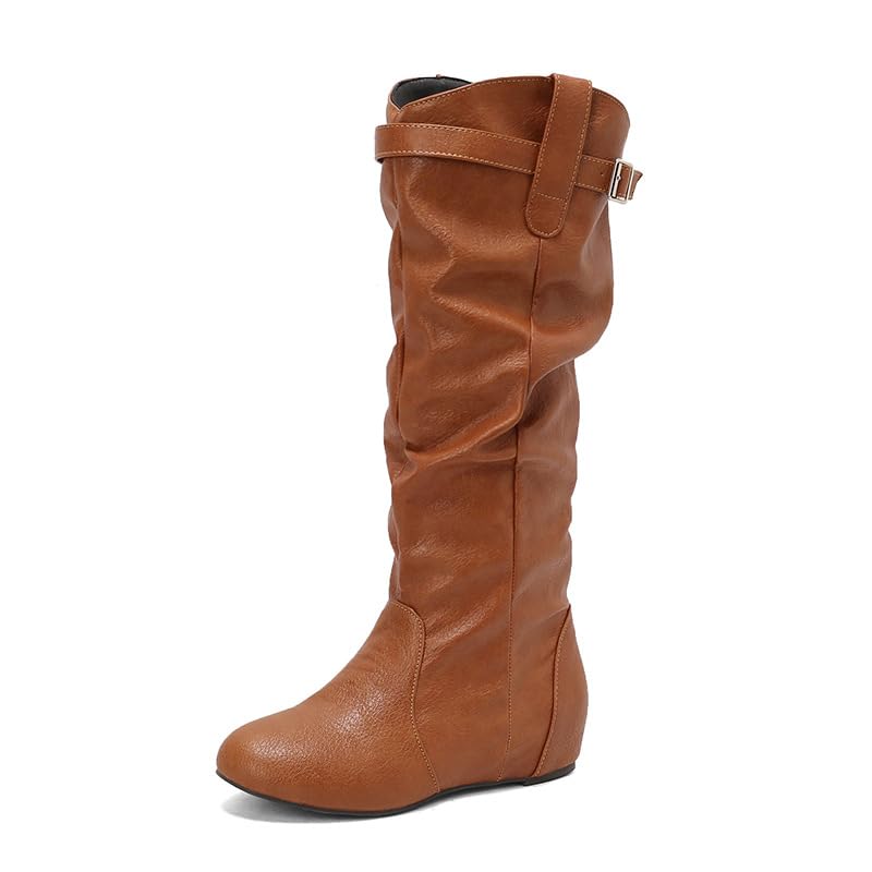 Womens Slouchy Knee High Boots Pull On Flat Boots with Side Zipper Fall Winter Western Cowgirl Booties for