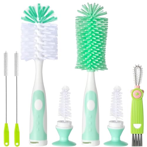 Image of Baby Bottle Brush, 5 in 1 Bottle Cleaner Brush Set with Nylon and Silicone Bottle Brush, Straw Brush, Bottle Brush with Nipple Cleaner and Suction Cup, Cup Lid Cleaner Brushes Kit, BPA-Free (Green)